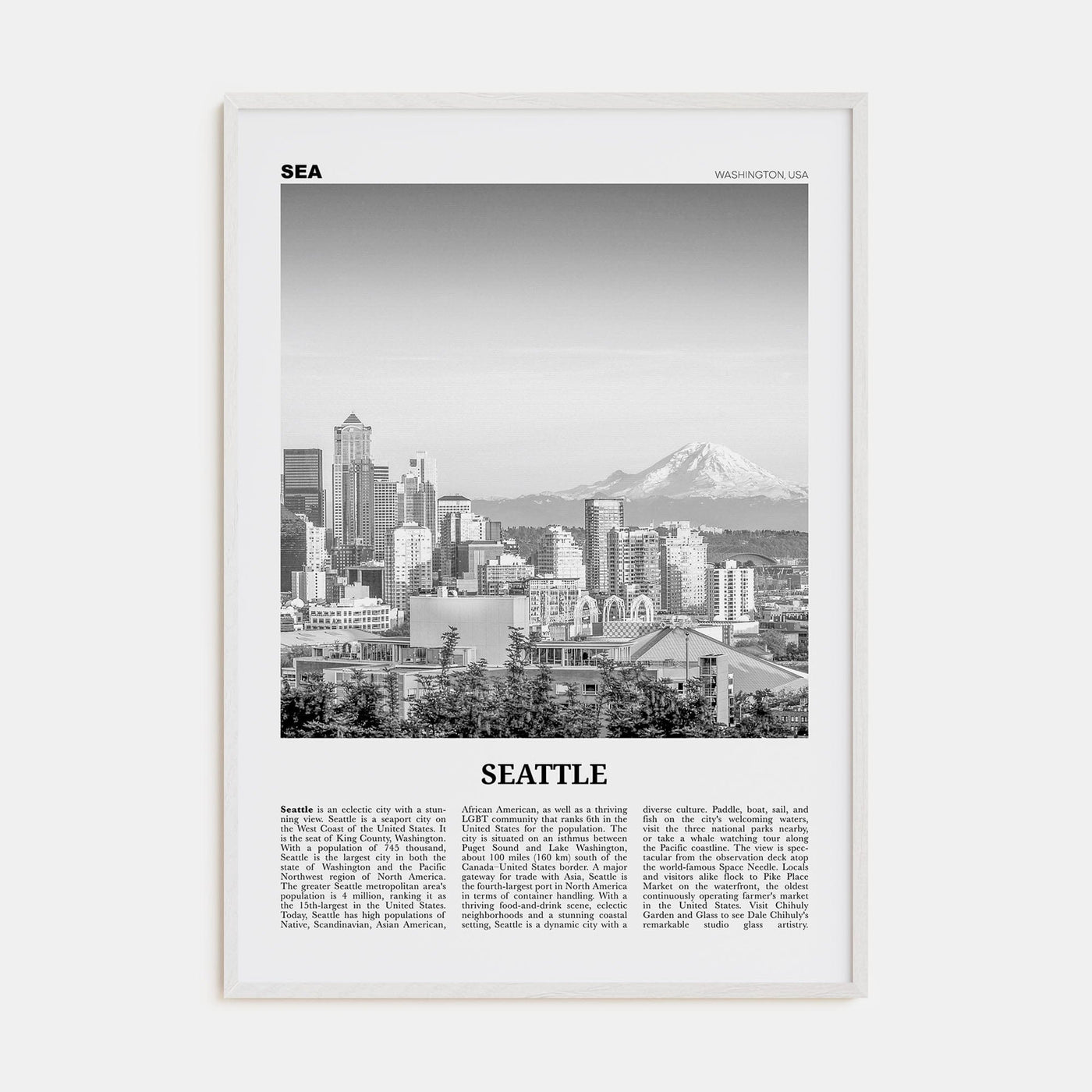 Seattle No 1 Poster White Wood / 8x12 in Nbourhood Travel B&W Poster