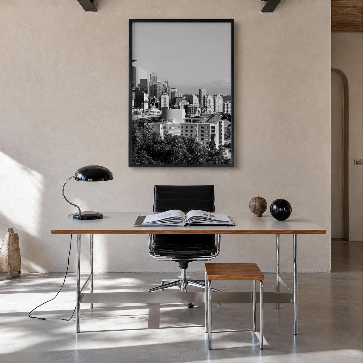 Seattle no. 2 black & white photo poster of Washington, USA – vertical wall art in black wood frame, hanging on wall