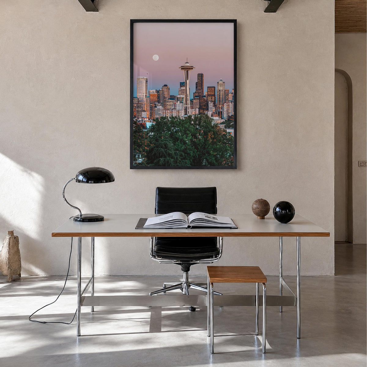 Seattle no. 2 colorful photo poster of Washington, USA – vertical wall art in black wood frame, hanging on wall