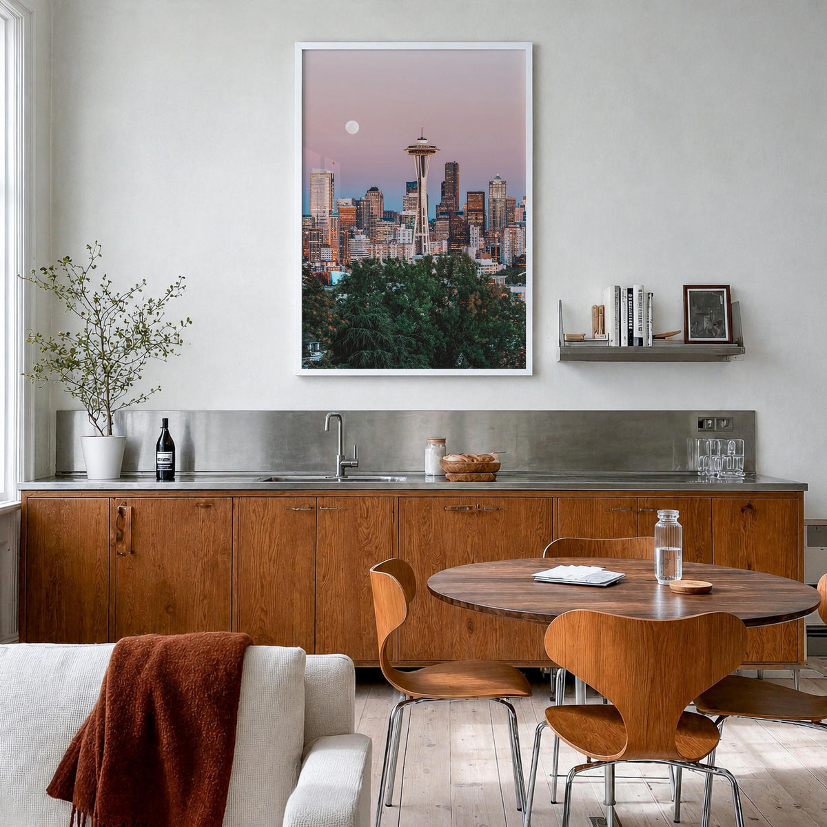 Seattle no. 2 colorful photo poster of Washington, USA – vertical wall art in white wood frame, hanging on wall
