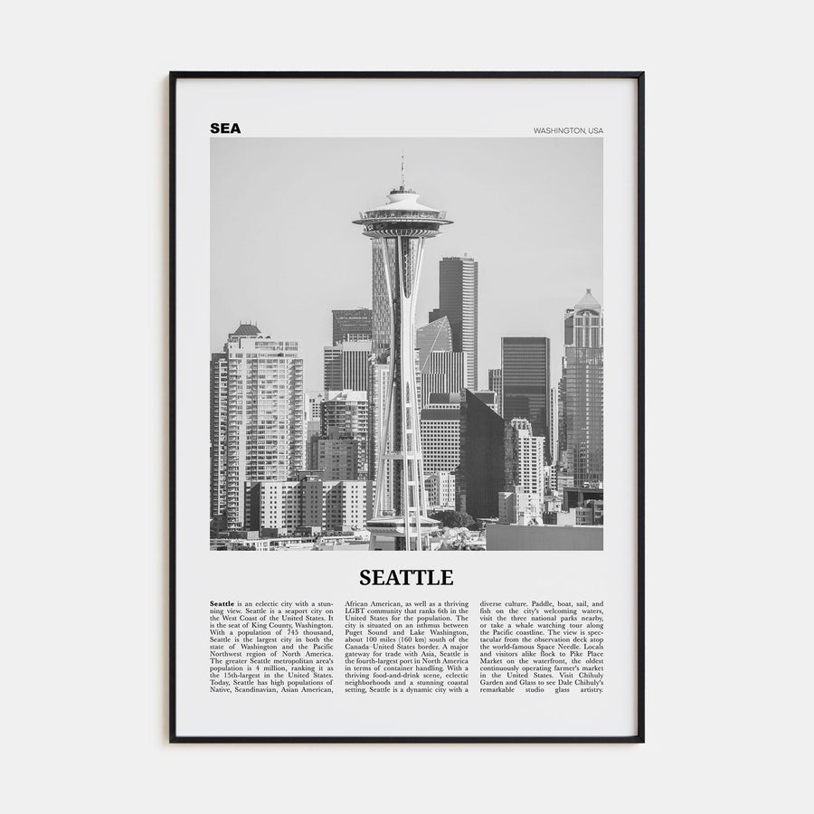 Seattle No 2 Poster Black Metal / 8x12 in Nbourhood Travel B&W Poster