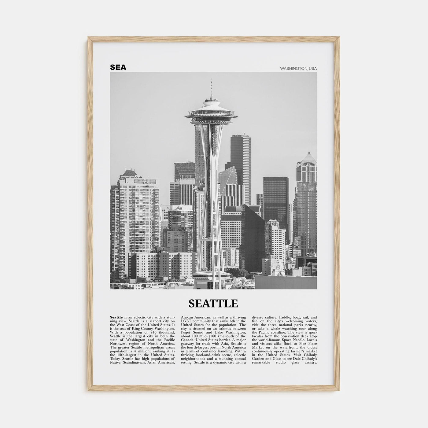 Seattle No 2 Poster Natural Wood / 8x12 in Nbourhood Travel B&W Poster