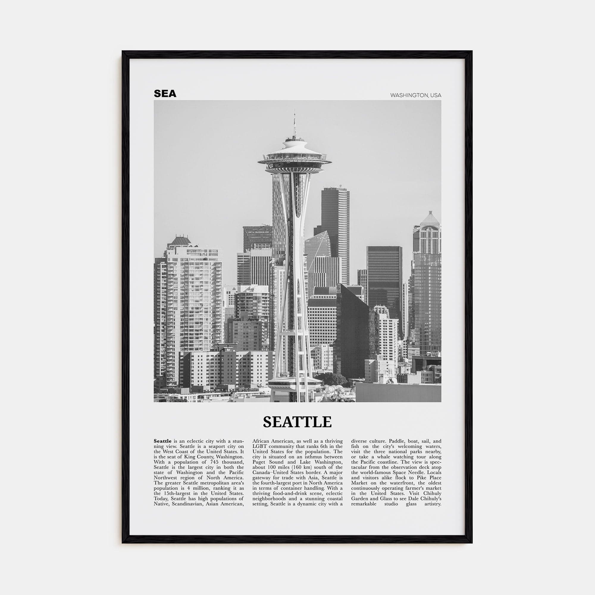 Seattle No 2 Poster Black Wood / 8x12 in Nbourhood Travel B&W Poster