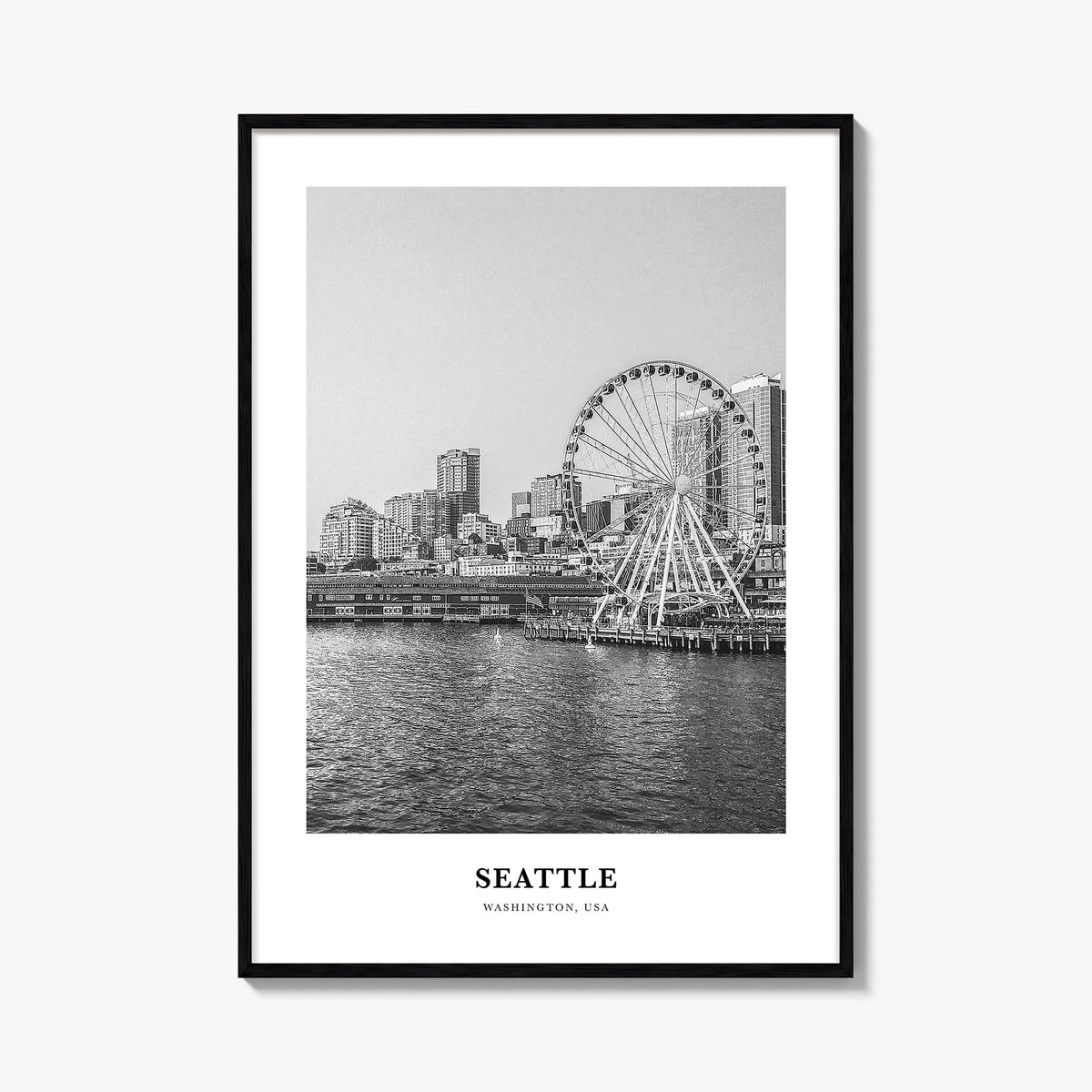 Seattle no. 3 black & white classic poster of Washington, USA – vertical wall art, unframed print shown in interior mockup