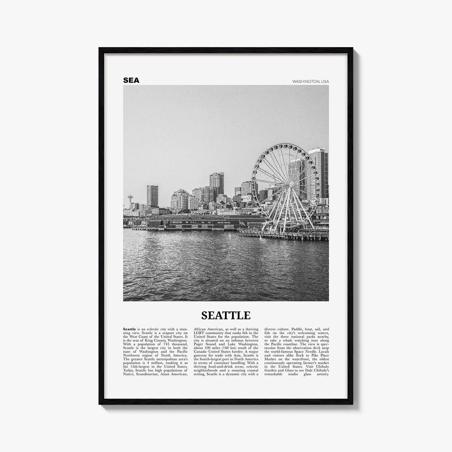 Seattle no. 3 black & white newspaper poster of Washington, USA – vertical wall art, unframed print shown in interior mockup