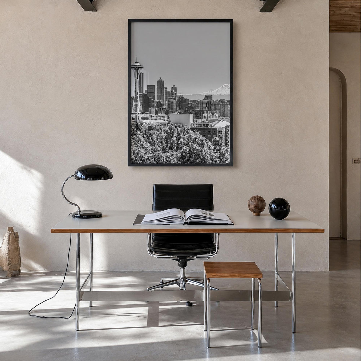 Seattle no. 3 black & white photo poster of Washington, USA – vertical wall art in black wood frame, hanging on wall