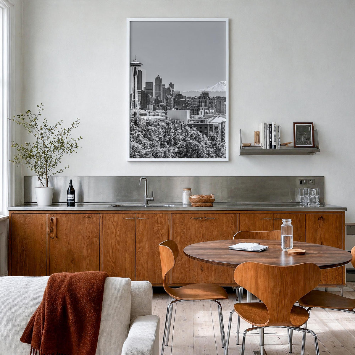 Seattle no. 3 black & white photo poster of Washington, USA – vertical wall art in white wood frame, hanging on wall