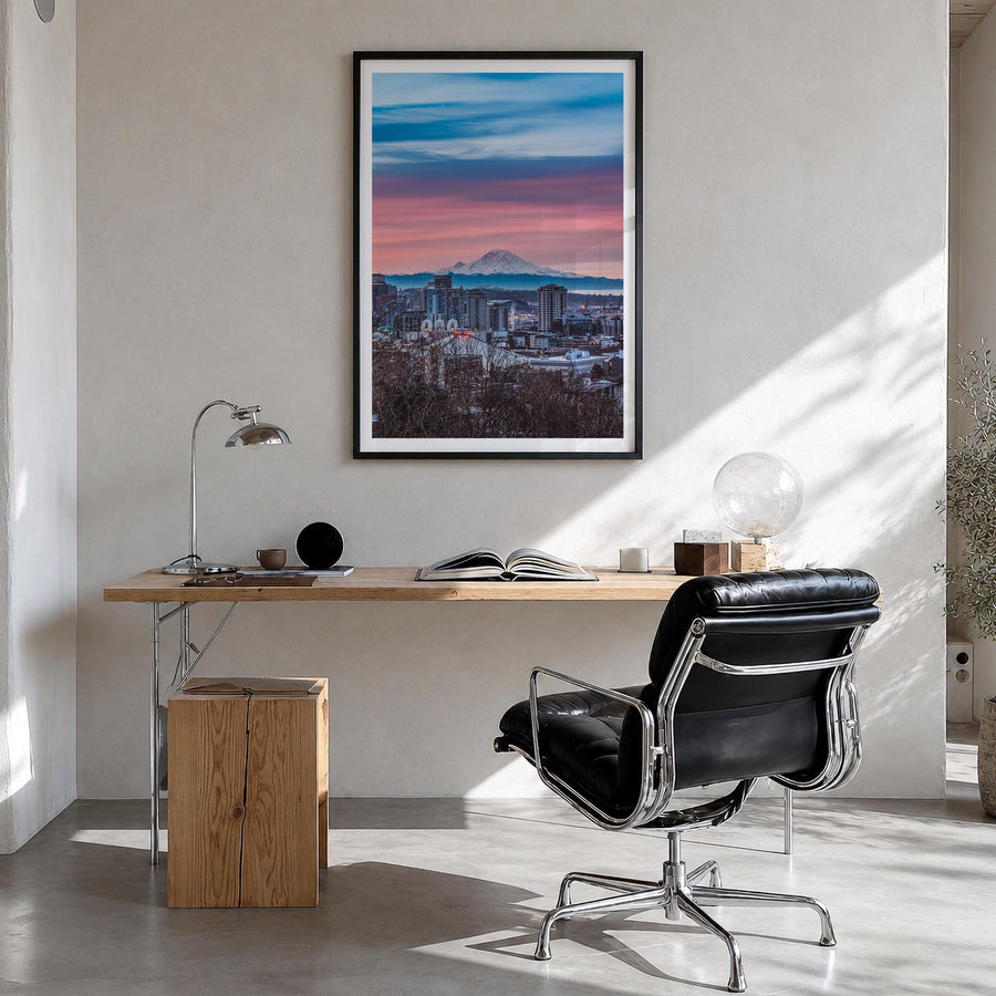 Seattle no. 3 colorful photo poster of Washington, USA – vertical wall art in black wood frame with white border, hanging on 