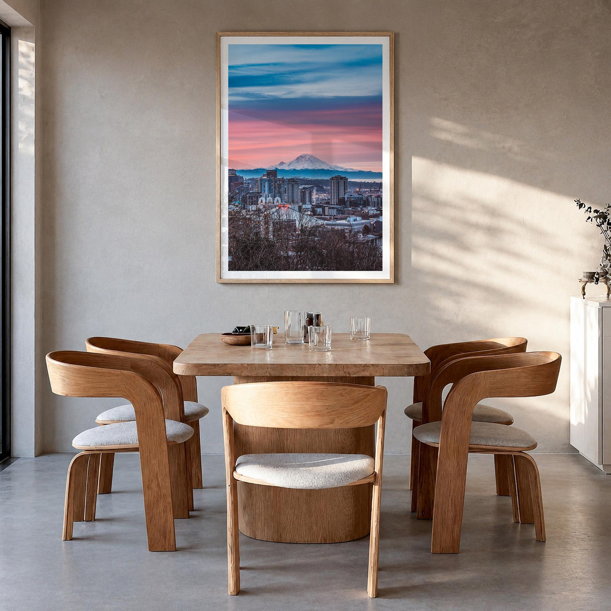 Seattle no. 3 colorful photo poster of Washington, USA – vertical wall art in natural wood frame with white border, hanging o
