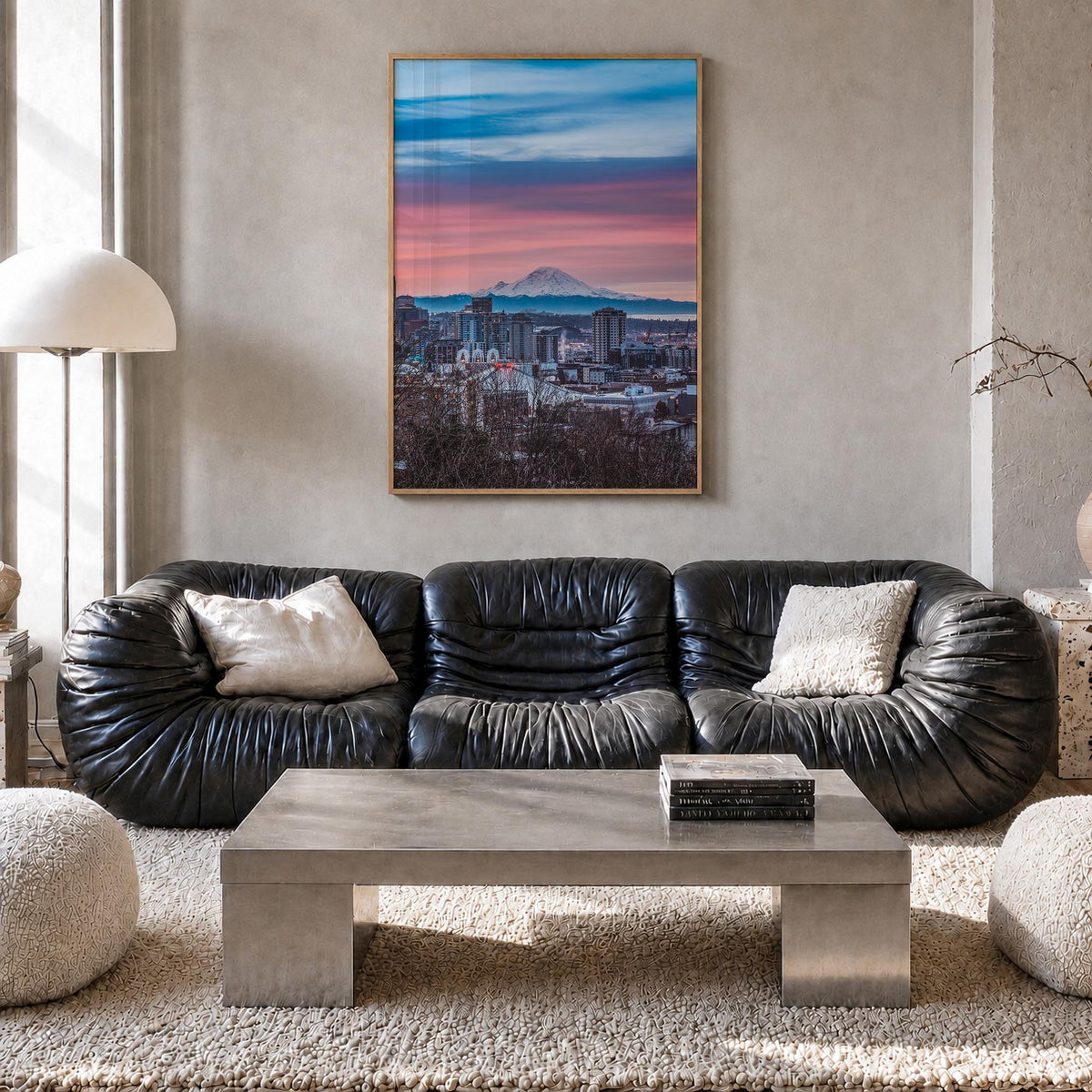 Seattle no. 3 colorful photo poster of Washington, USA – vertical wall art in natural wood frame, hanging on wall