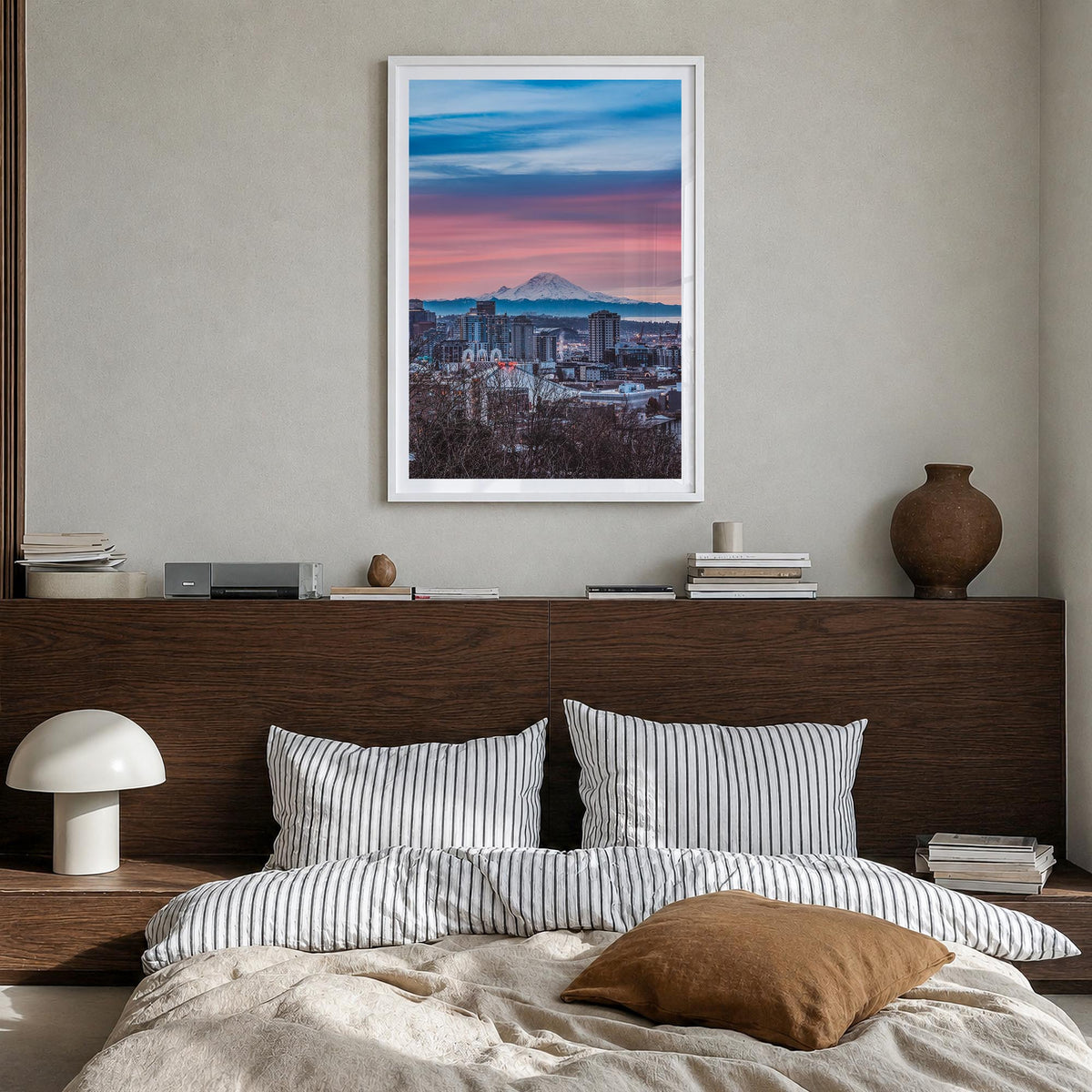 Seattle no. 3 colorful photo poster of Washington, USA – vertical wall art in white wood frame with white border, hanging on 