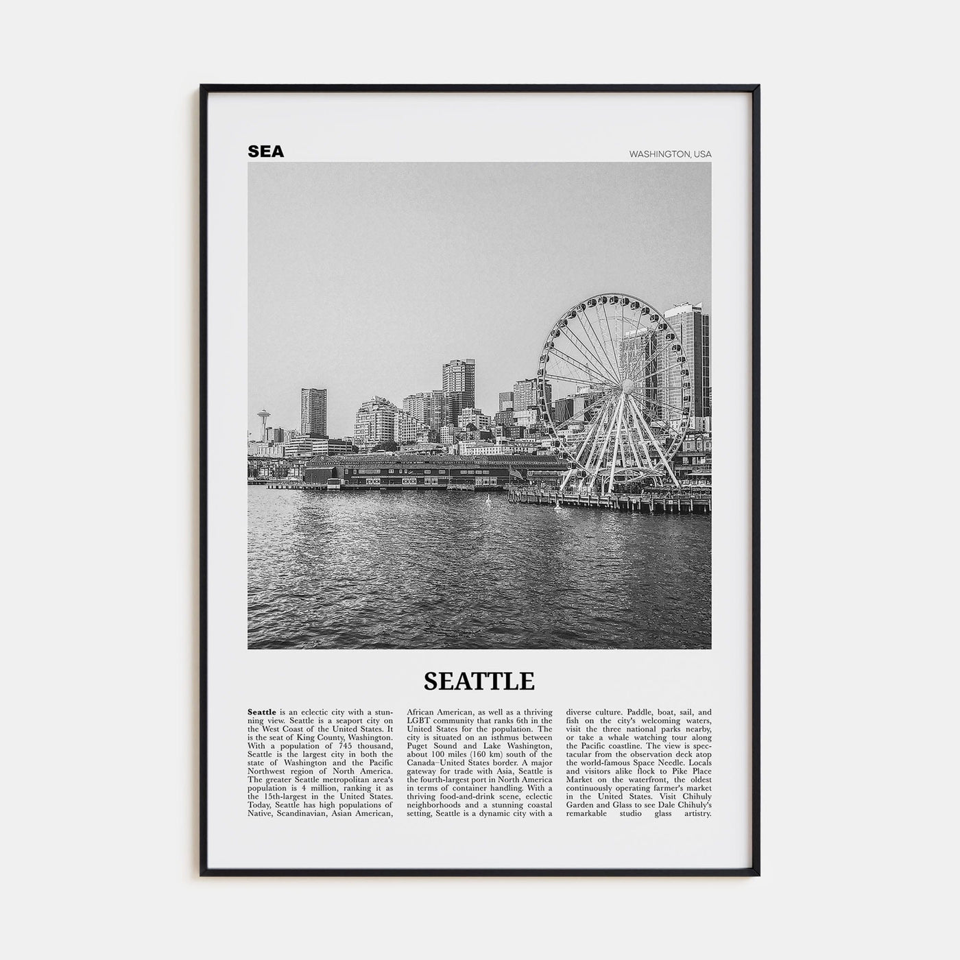 Seattle No 3 Poster Black Metal / 8x12 in Nbourhood Travel B&W Poster