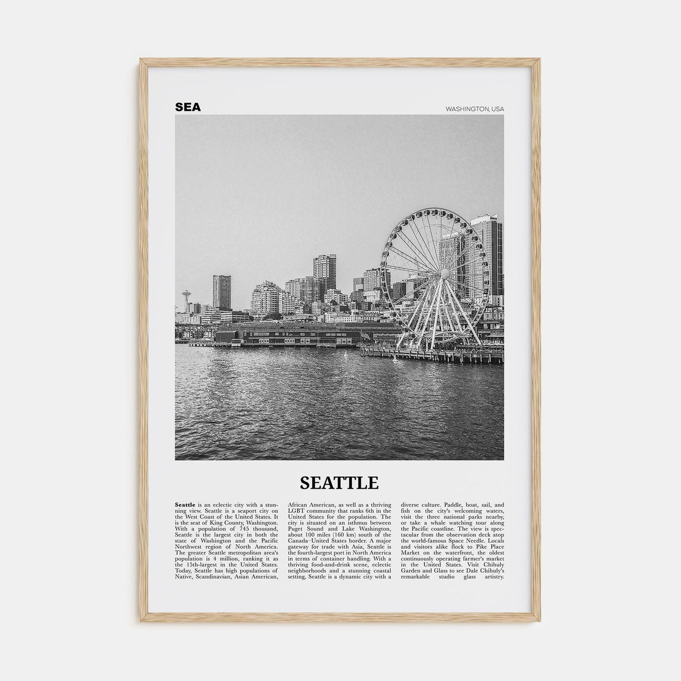 Seattle No 3 Poster Natural Wood / 8x12 in Nbourhood Travel B&W Poster