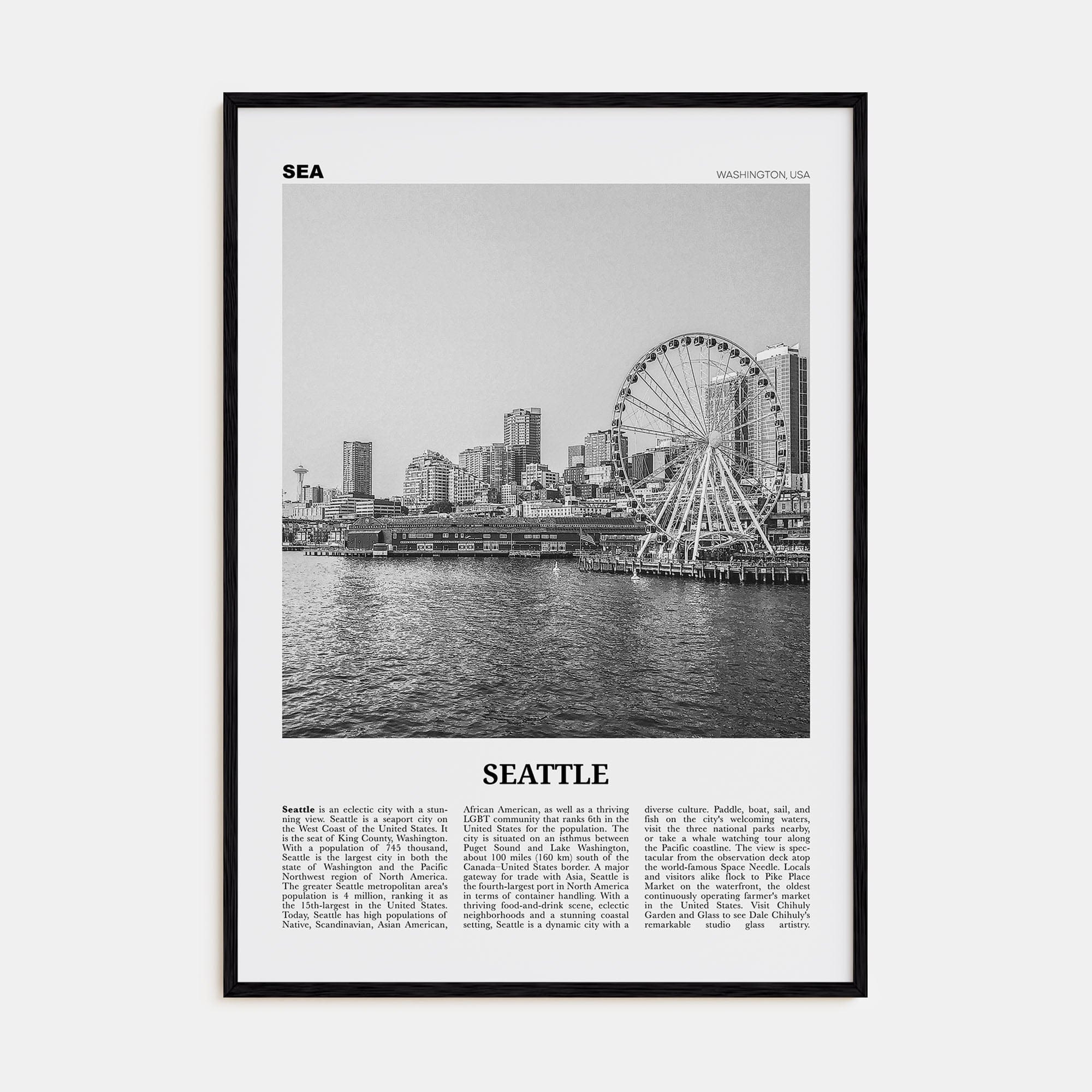 Seattle No 3 Poster Black Wood / 8x12 in Nbourhood Travel B&W Poster