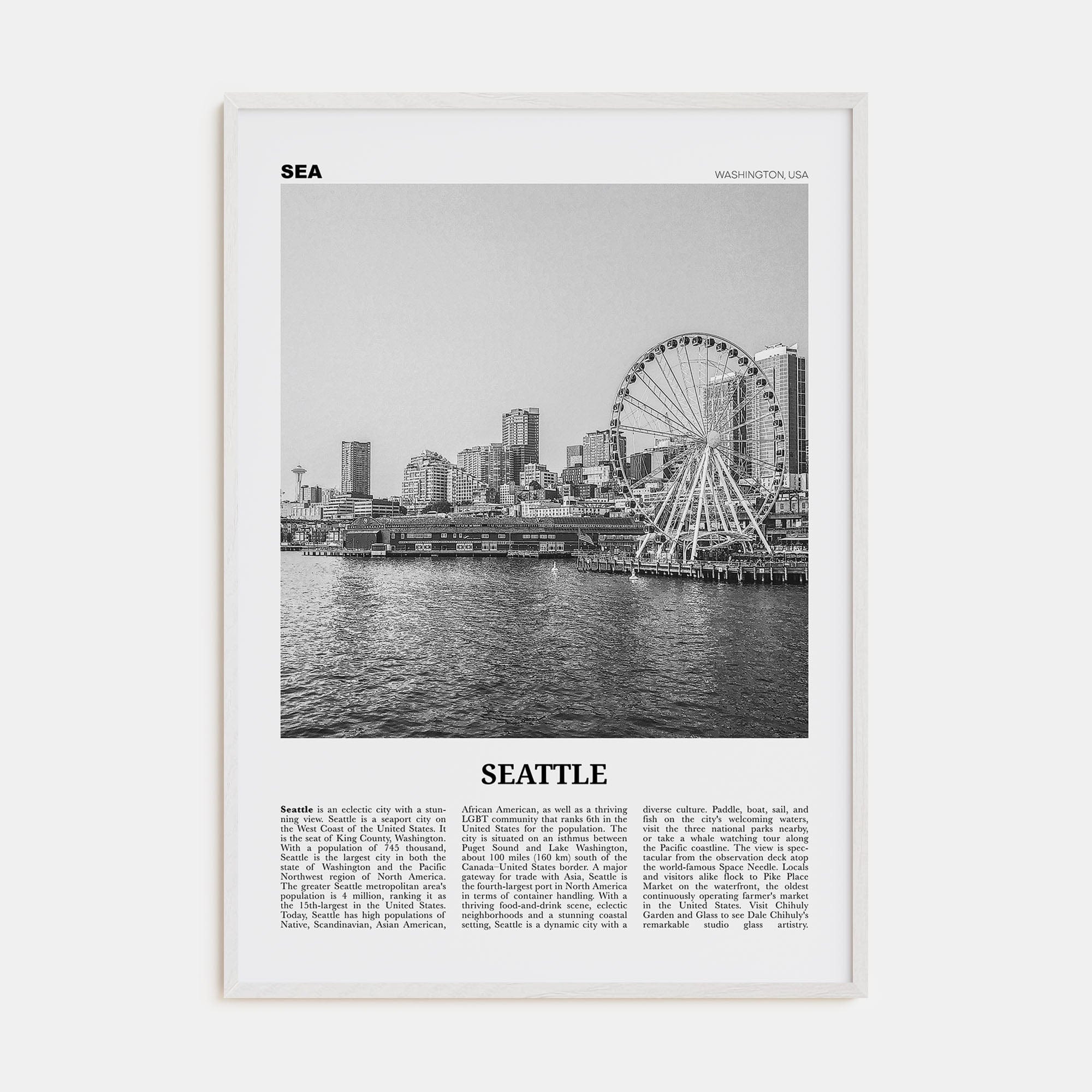 Seattle No 3 Poster White Wood / 8x12 in Nbourhood Travel B&W Poster