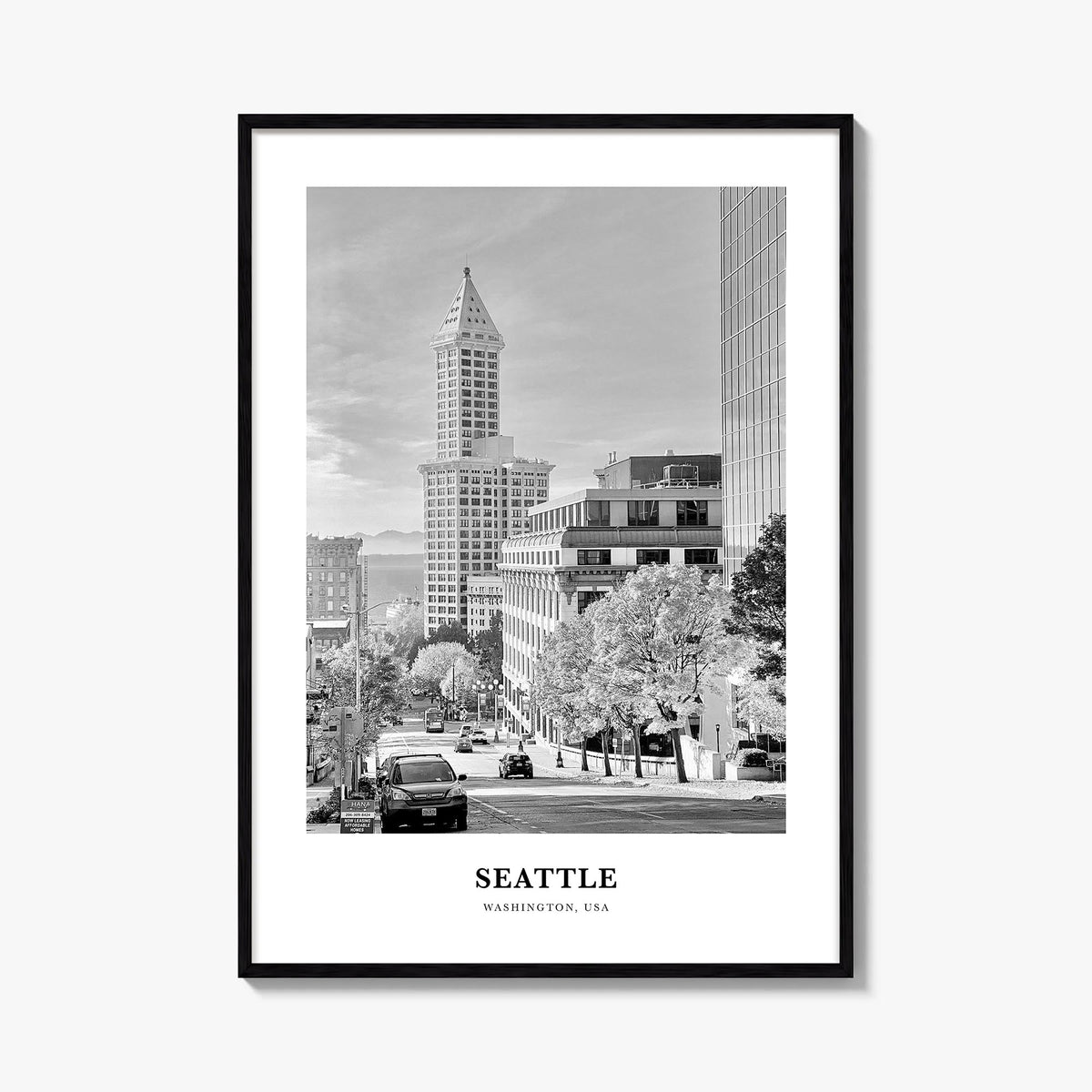 Seattle no. 4 black & white classic poster of Washington, USA – vertical wall art, unframed print shown in interior mockup