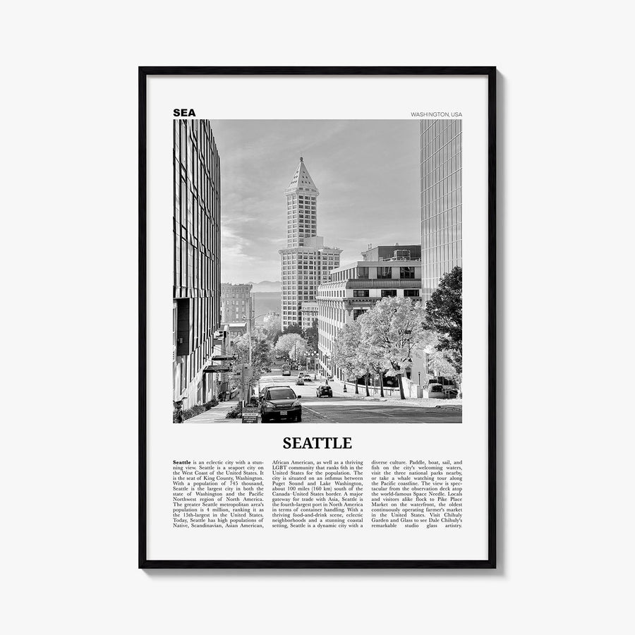 Seattle no. 4 black & white newspaper poster of Washington, USA – vertical wall art, unframed print shown in interior mockup