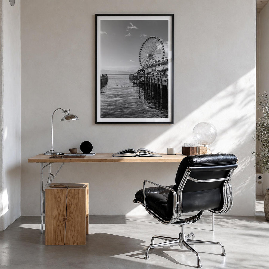 Seattle no. 4 black & white photo poster of Washington, USA – vertical wall art in black wood frame with white border, hangin
