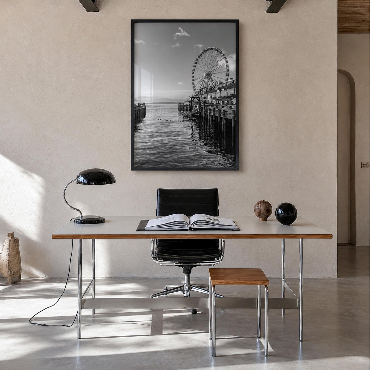 Seattle no. 4 black & white photo poster of Washington, USA – vertical wall art in black wood frame, hanging on wall