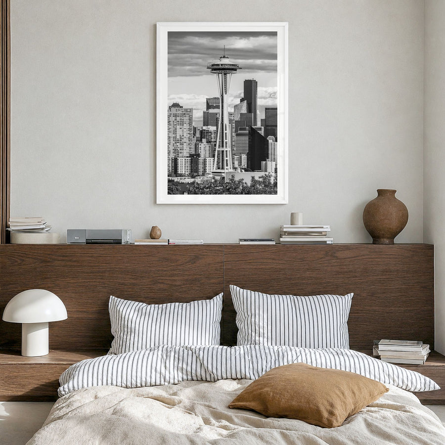 Seattle Photo No 1 Poster in a white wood frame, hanging in a bedroom, white border