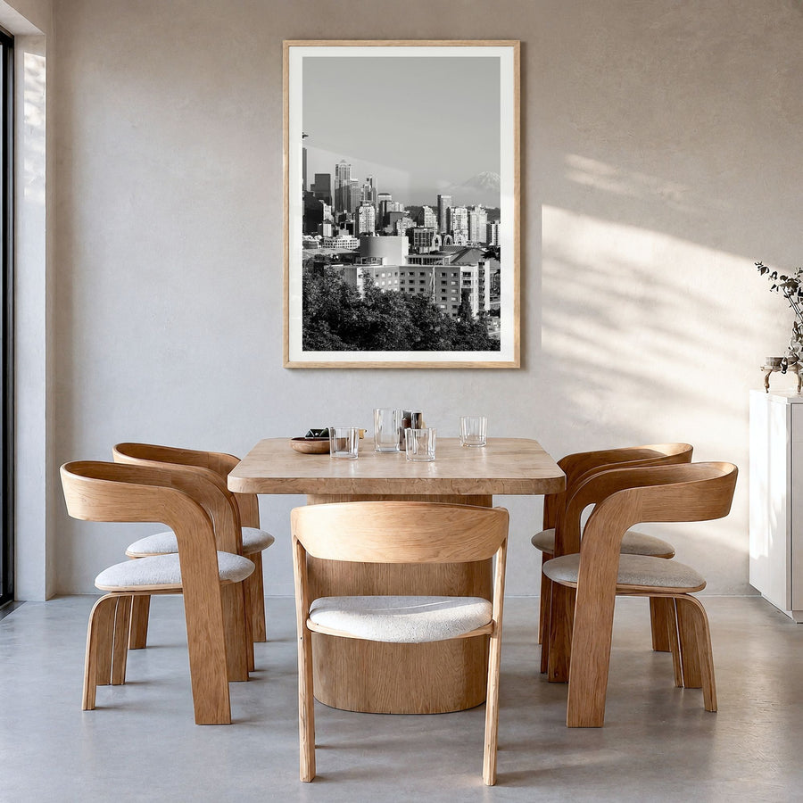 Seattle Photo No 2 Poster in a natural wood frame, hanging in a dining room, white border