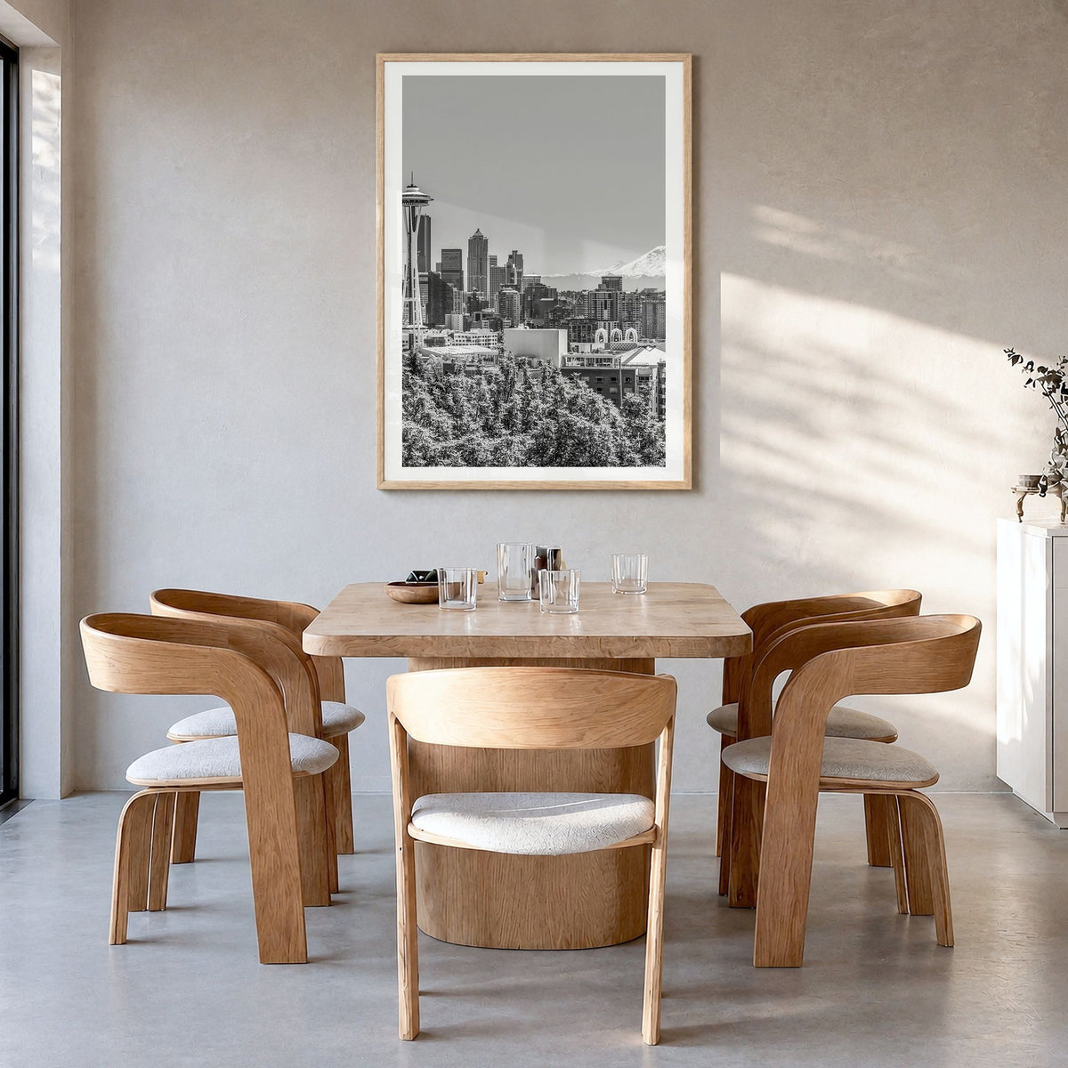 Seattle Photo No 3 Poster in a natural wood frame, hanging in a dining room, white border