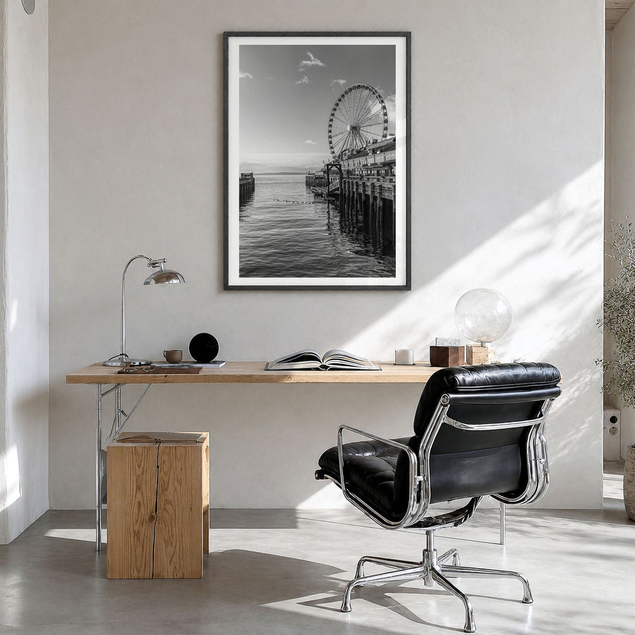 Seattle Photo No 4 Poster in a black wood frame, hanging in a bright home office, white border