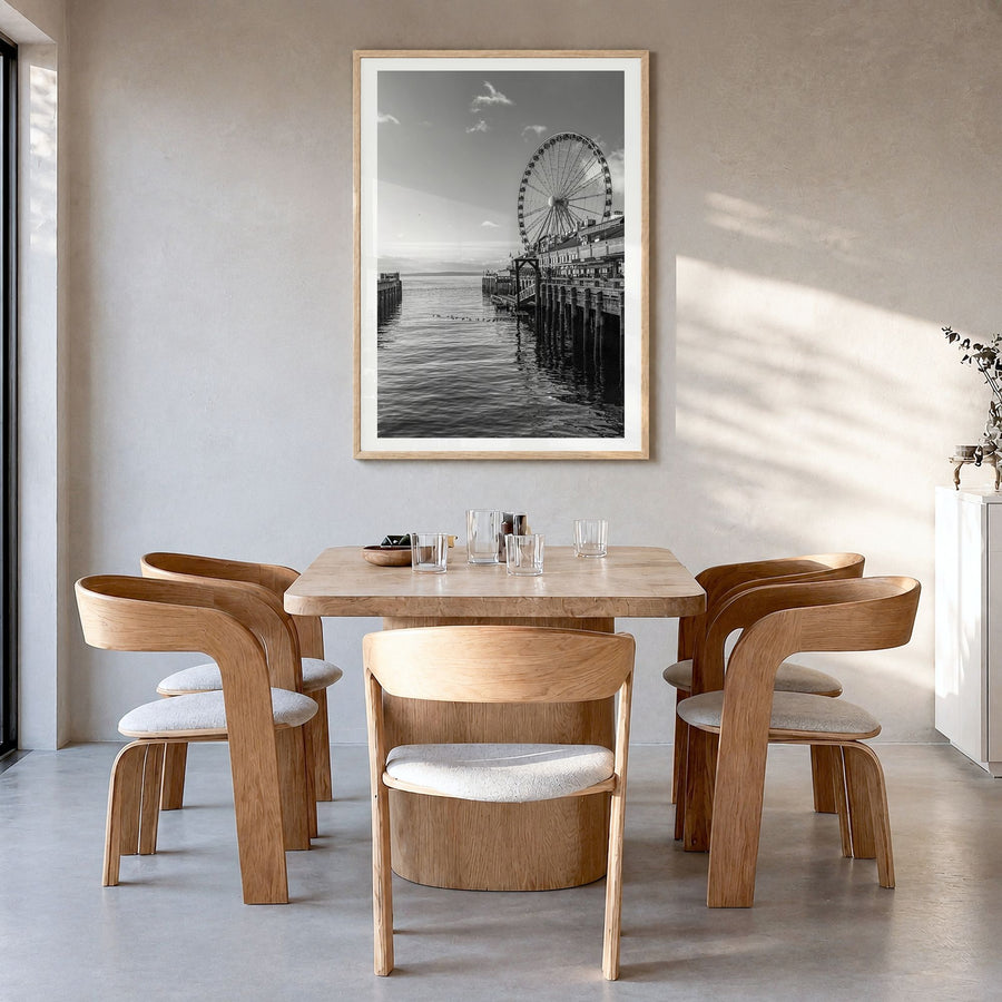 Seattle Photo No 4 Poster in a natural wood frame, hanging in a dining room, white border
