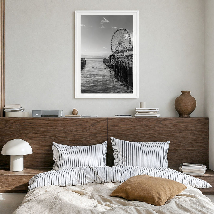 Seattle Photo No 4 Poster in a white wood frame, hanging in a bedroom, white border