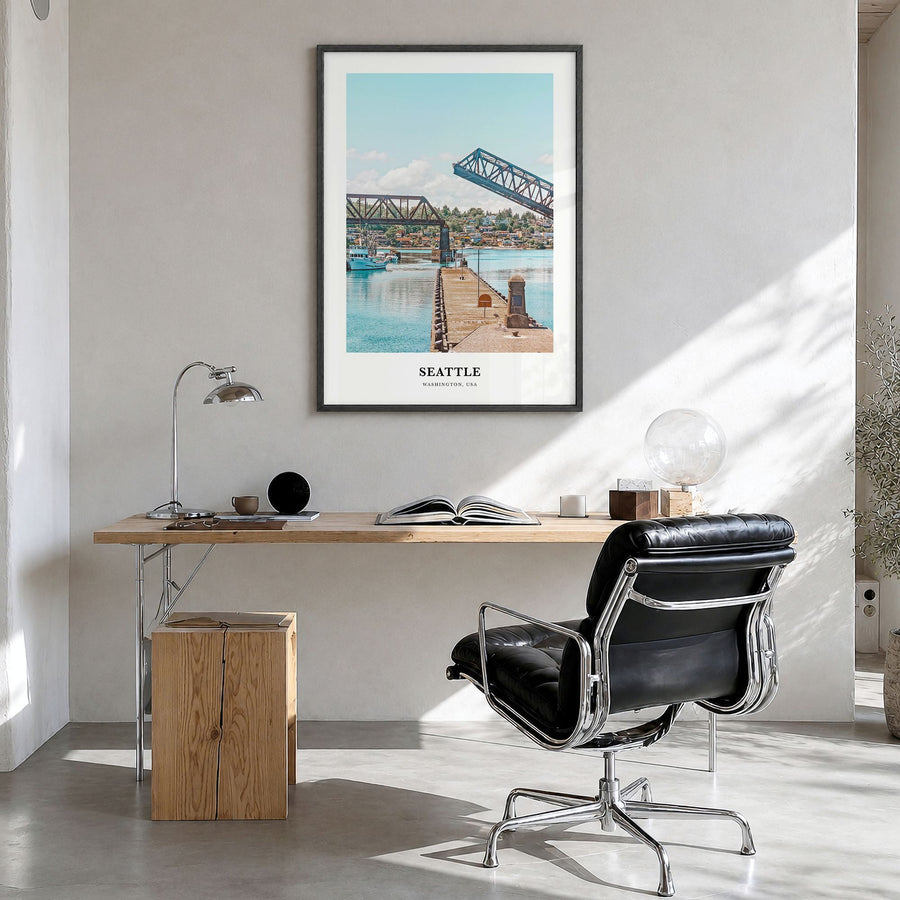 Seattle Classic No 2 Poster in a black wood frame, hanging in a bright home office
