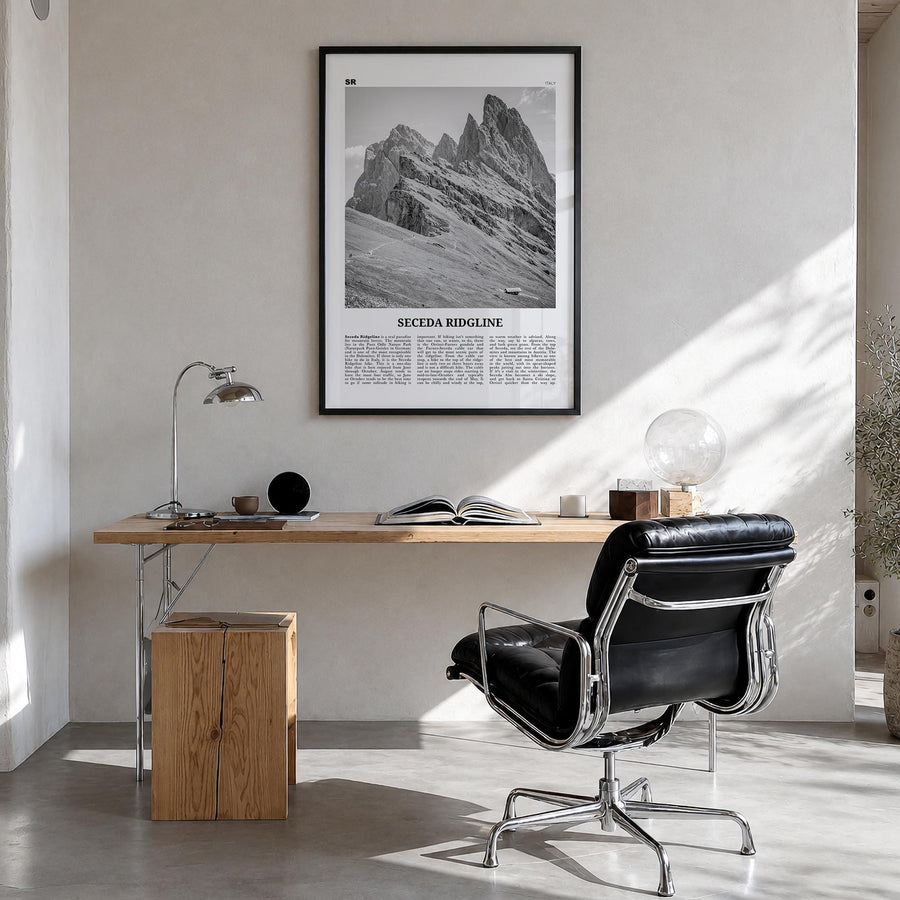 Seceda Ridgeline black & white newspaper poster of Italy – vertical wall art in black wood frame, hanging on wall
