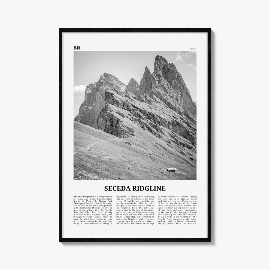 Seceda Ridgeline black & white newspaper poster of Italy – vertical wall art, unframed print shown in interior mockup