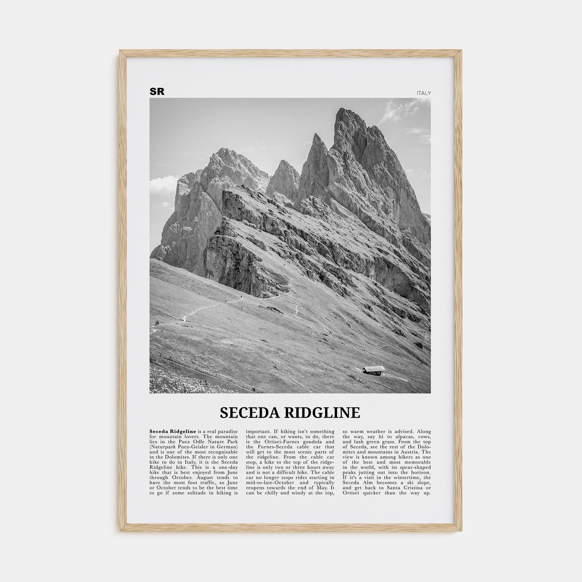 Seceda Ridgeline Poster Natural Wood / 8x12 in Nbourhood Travel B&W Poster