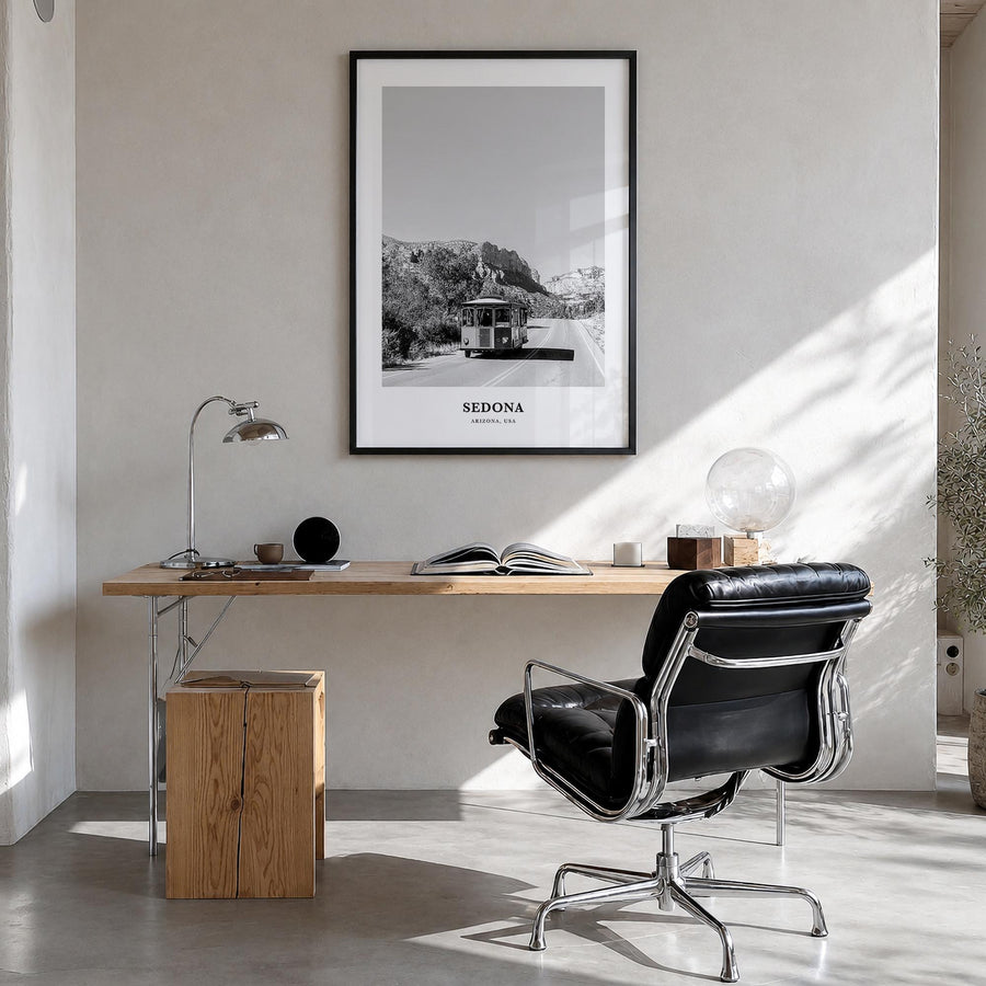 Sedona black & white classic poster of Arizona, USA – vertical wall art in black wood frame, hanging on wall