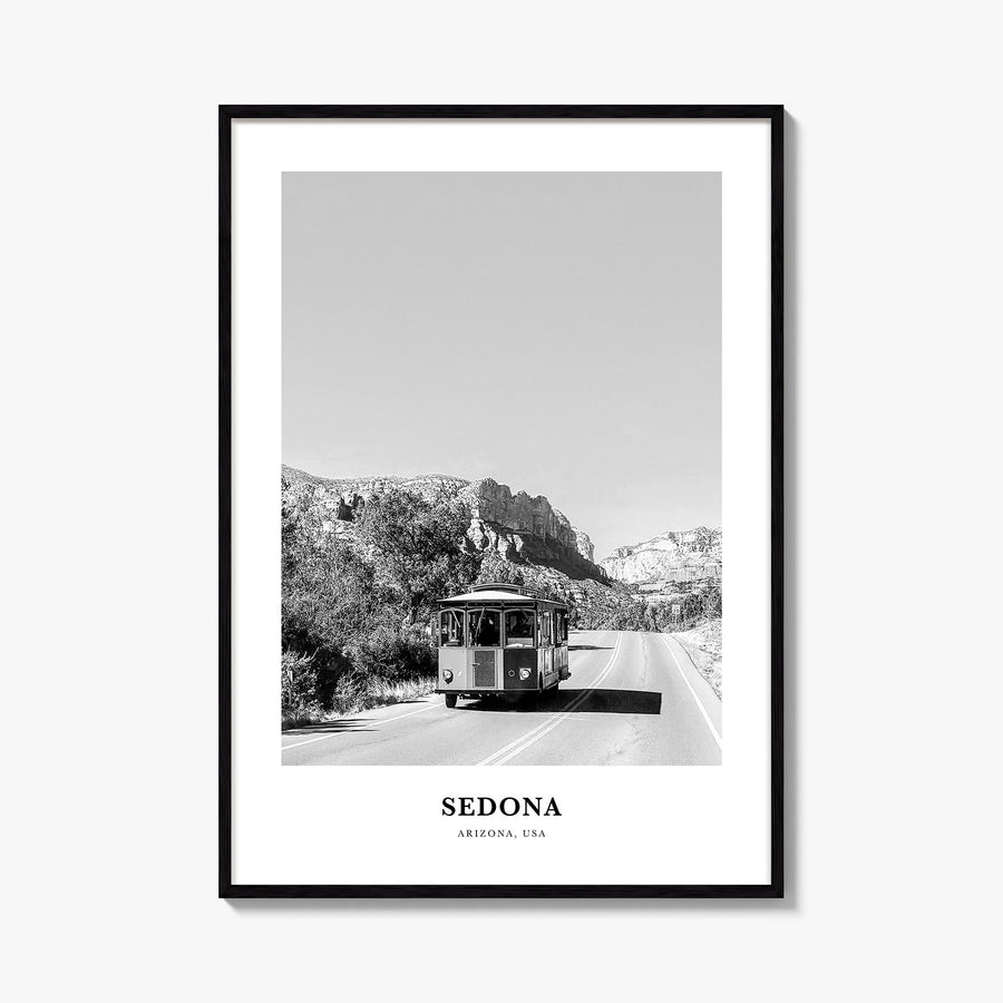 Sedona black & white classic poster of Arizona, USA – vertical wall art, unframed print shown in interior mockup