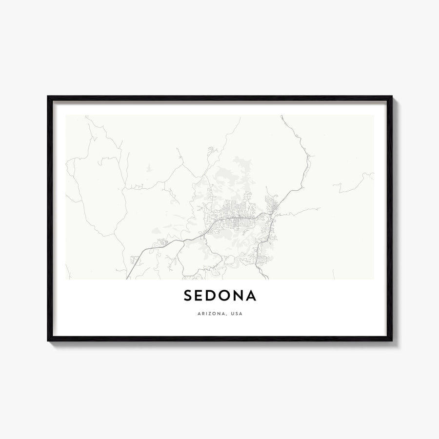 Sedona black & white map poster of Arizona, USA – horizontal wall art, unframed print shown in interior mockup