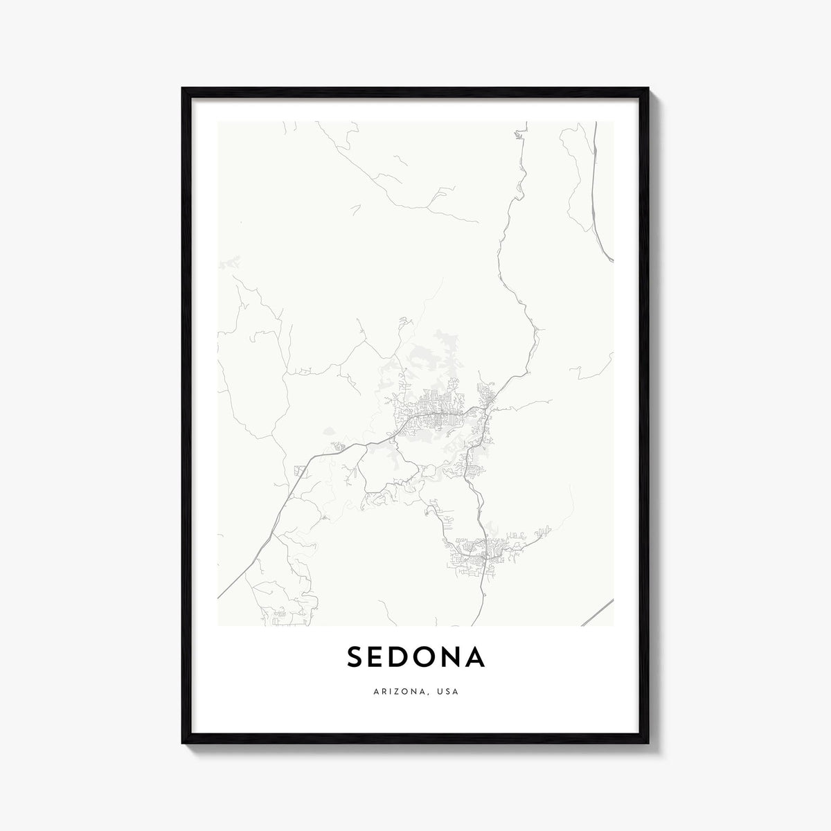 Sedona black & white map poster of Arizona, USA – vertical wall art, unframed print shown in interior mockup