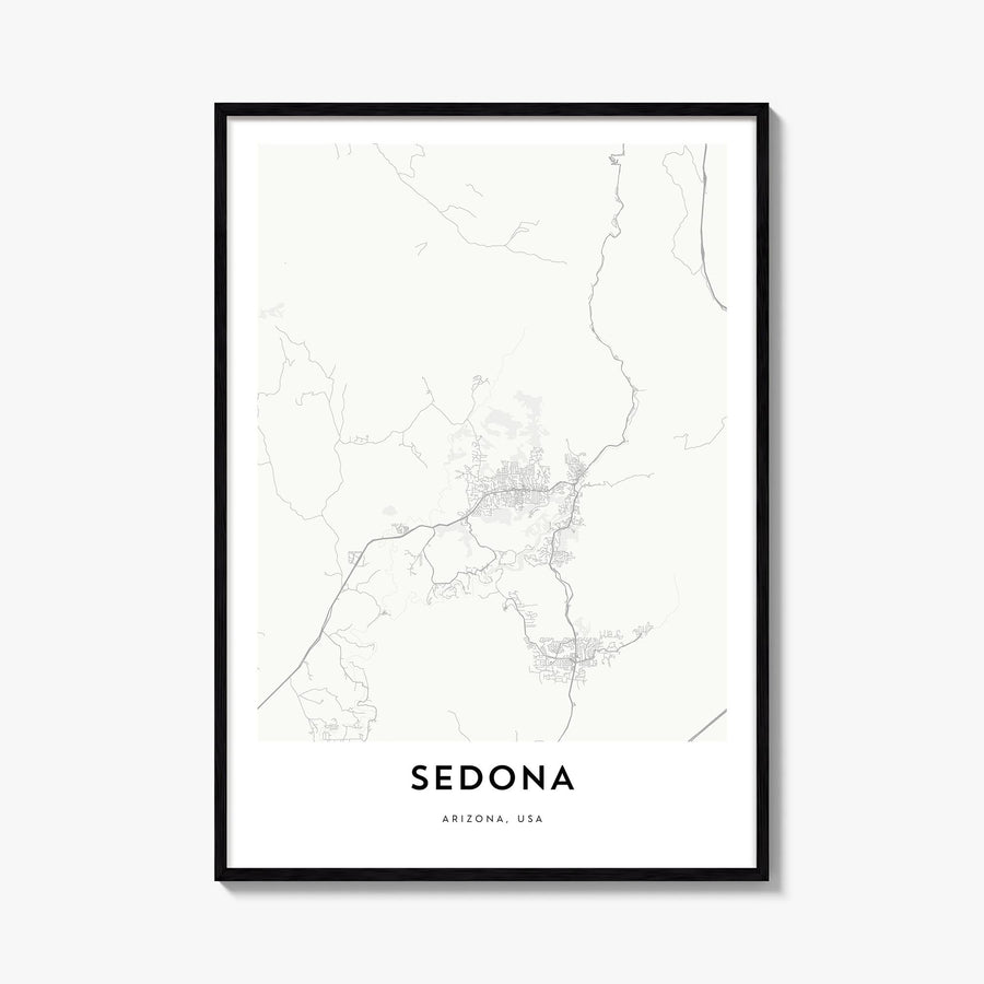 Sedona black & white map poster of Arizona, USA – vertical wall art, unframed print shown in interior mockup