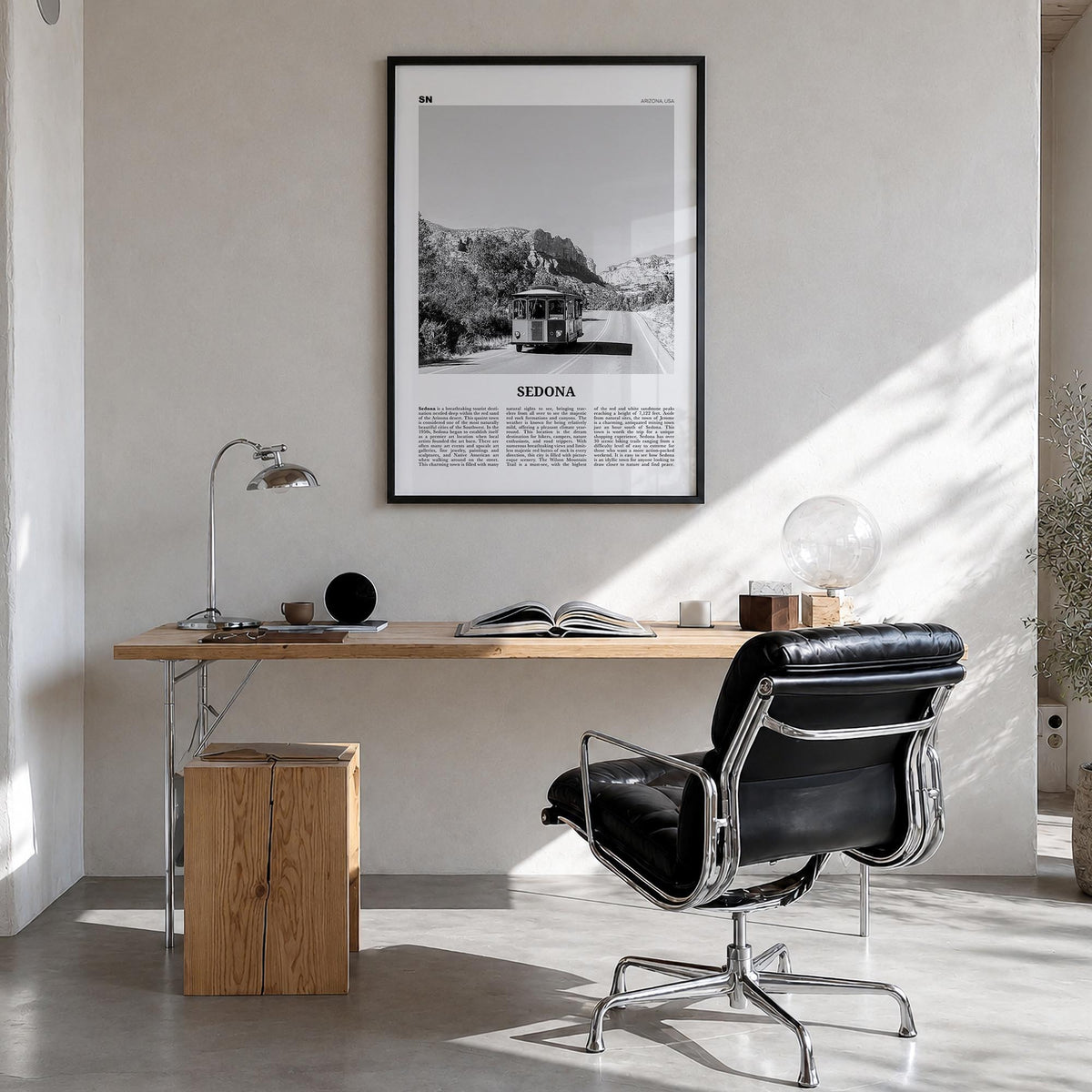 Sedona black & white newspaper poster of Arizona, USA – vertical wall art in black wood frame, hanging on wall