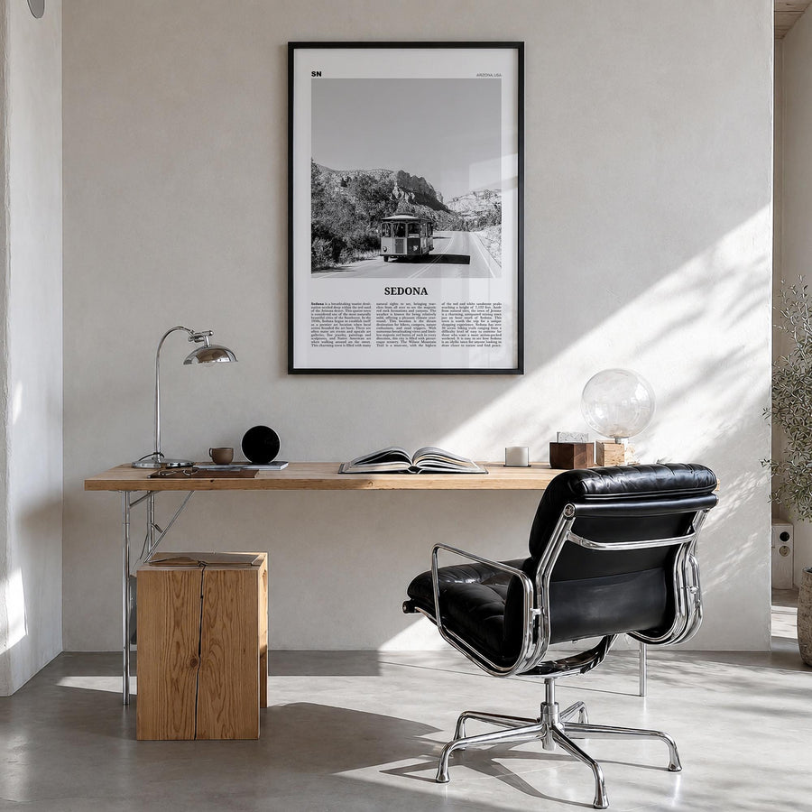 Sedona black & white newspaper poster of Arizona, USA – vertical wall art in black wood frame, hanging on wall