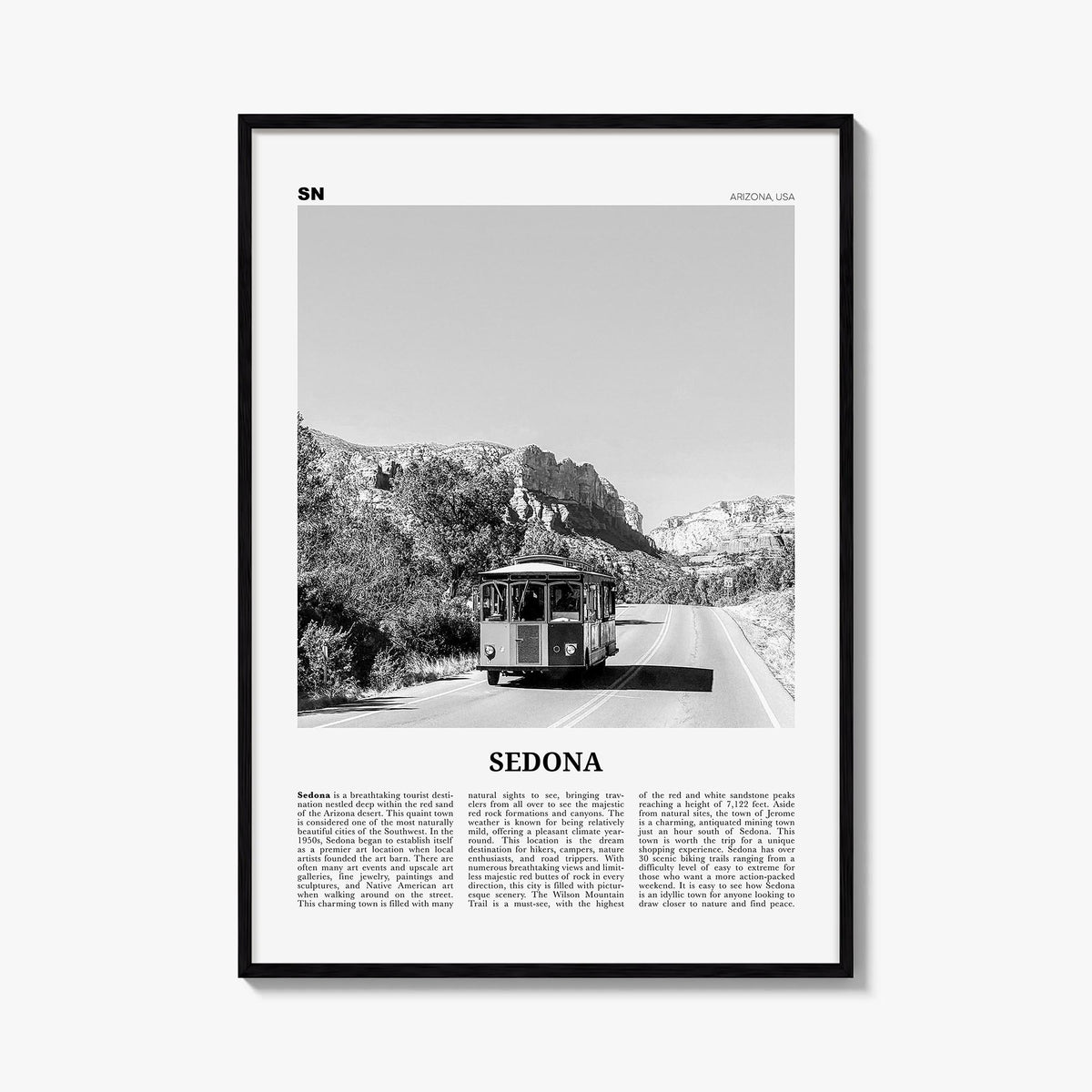Sedona black & white newspaper poster of Arizona, USA – vertical wall art, unframed print shown in interior mockup