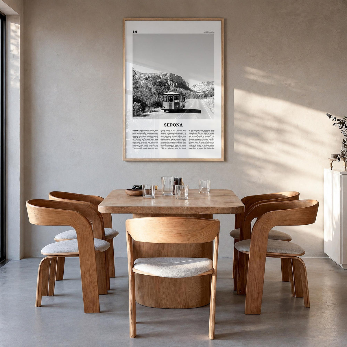 Sedona black & white newspaper poster of Arizona, USA – vertical wall art in natural wood frame, hanging on wall