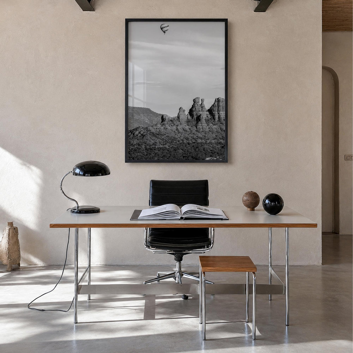 Sedona black & white photo poster of Arizona, USA – vertical wall art in black wood frame, hanging on wall