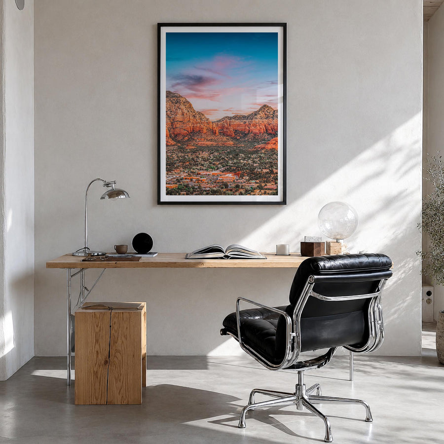 Sedona colorful photo poster of Arizona, USA – vertical wall art in black wood frame with white border, hanging on wall