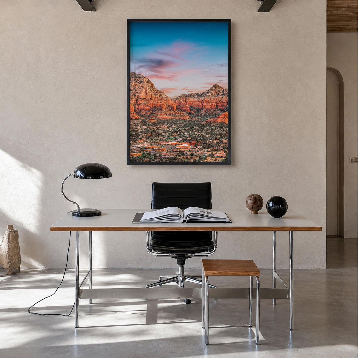 Sedona colorful photo poster of Arizona, USA – vertical wall art in black wood frame, hanging on wall