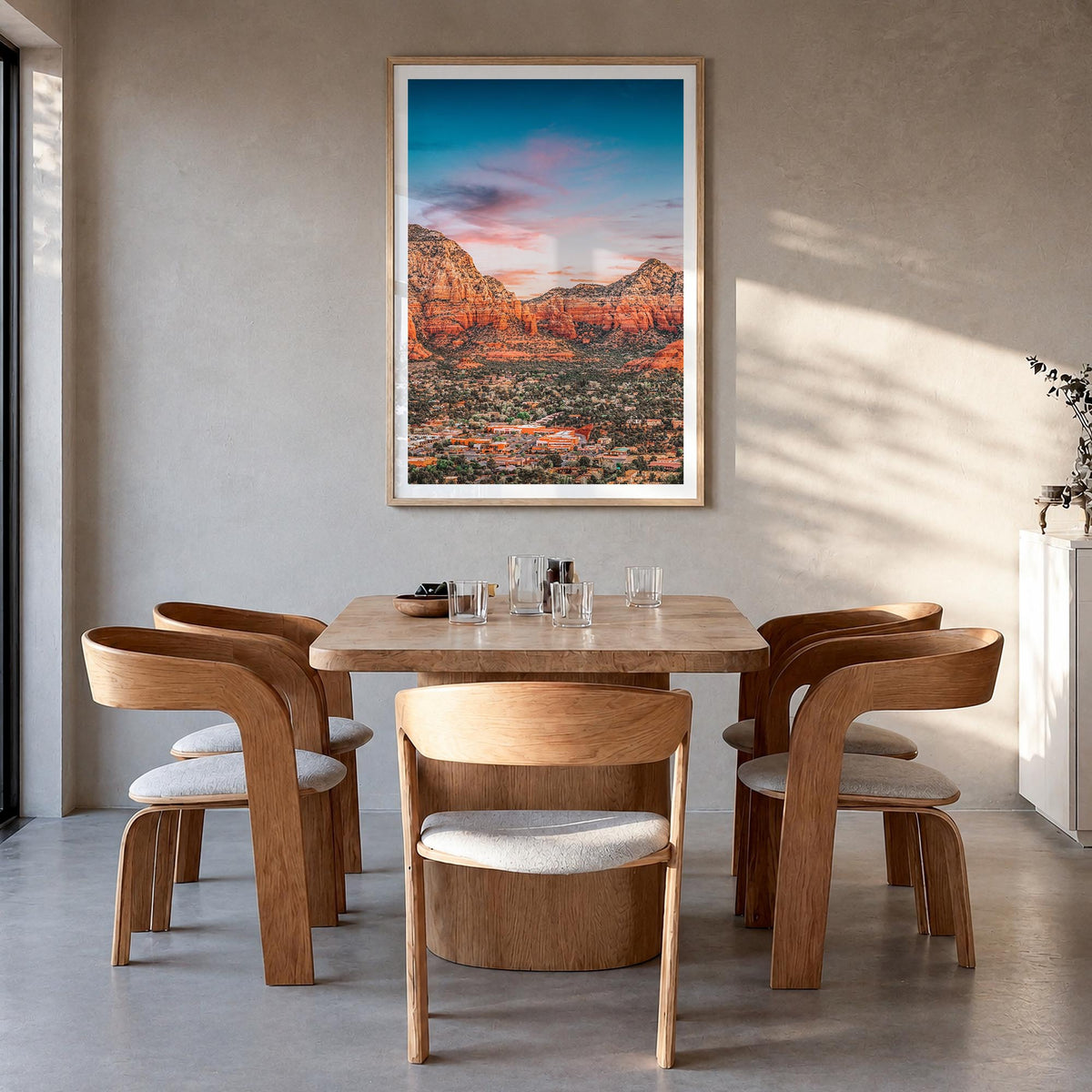 Sedona colorful photo poster of Arizona, USA – vertical wall art in natural wood frame with white border, hanging on wall