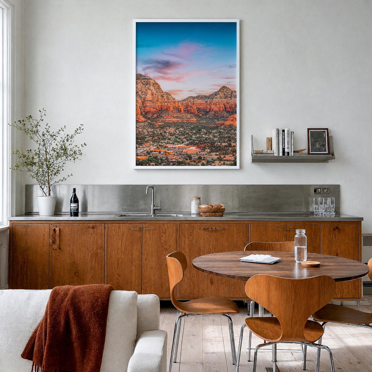 Sedona colorful photo poster of Arizona, USA – vertical wall art in white wood frame, hanging on wall