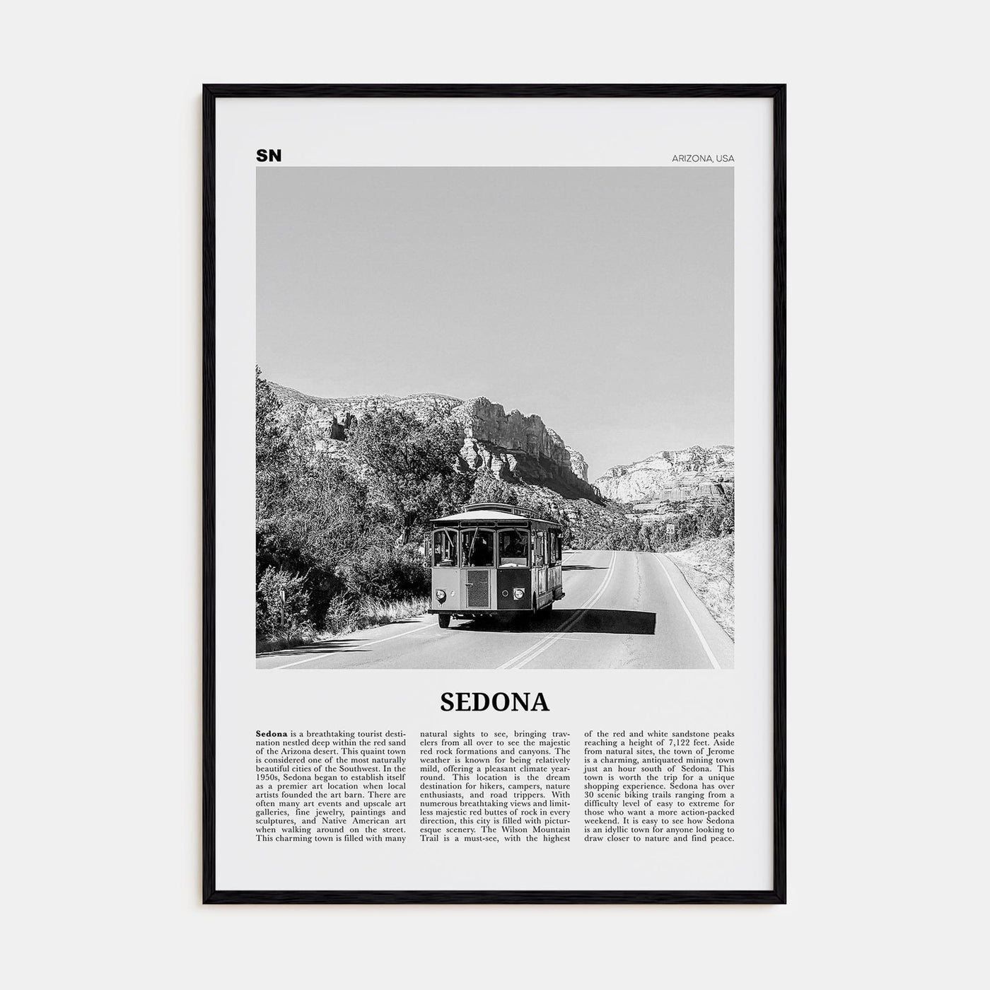 Sedona Poster Black Wood / 8x12 in Nbourhood Travel B&W Poster