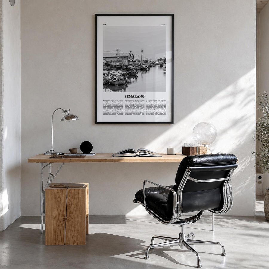 Semarang black & white newspaper poster of Indonesia – vertical wall art in black wood frame, hanging on wall