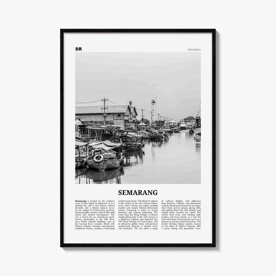 Semarang black & white newspaper poster of Indonesia – vertical wall art, unframed print shown in interior mockup